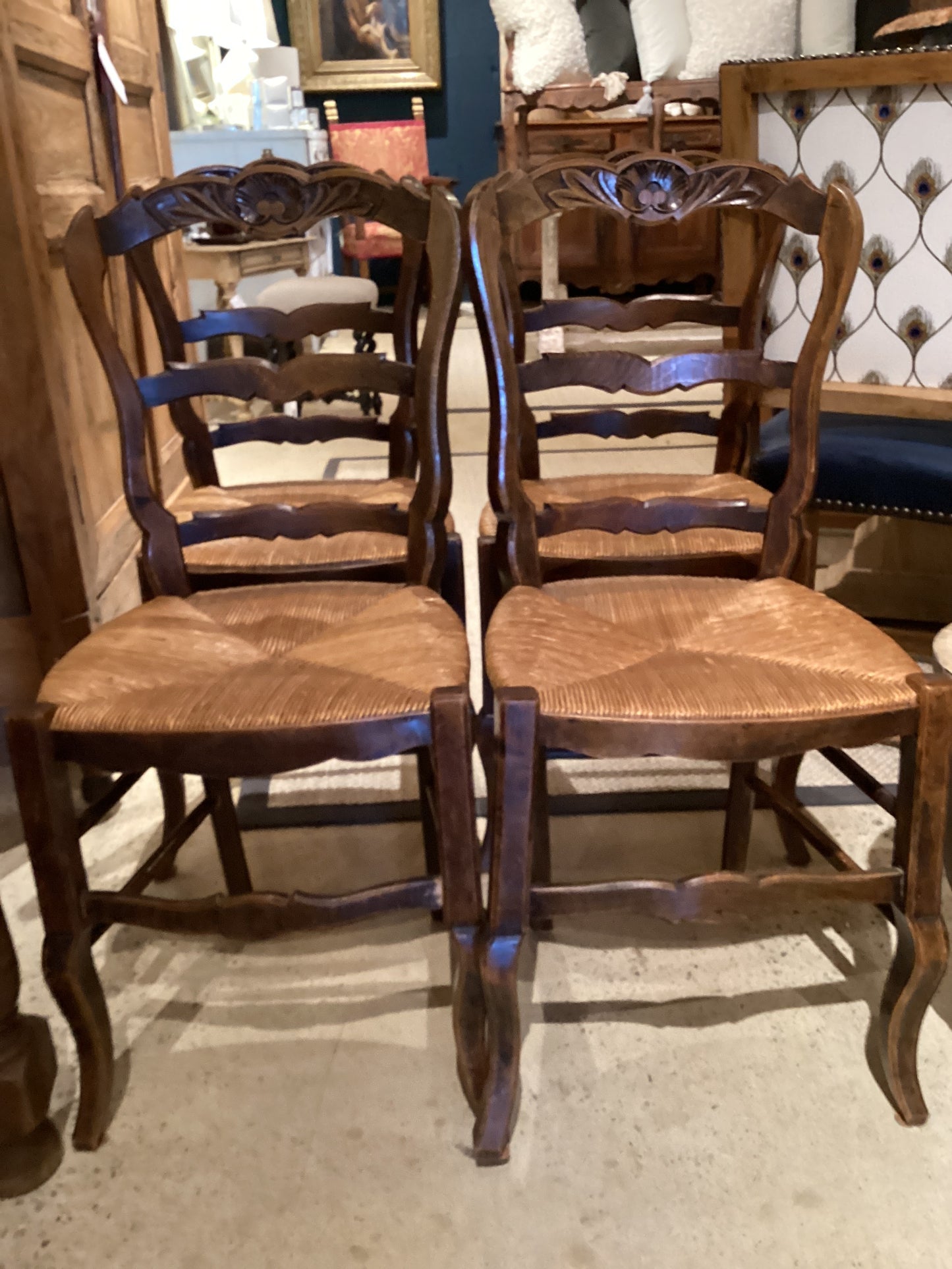 French Country Carved Oak Dining Chairs w/ Rush Seats