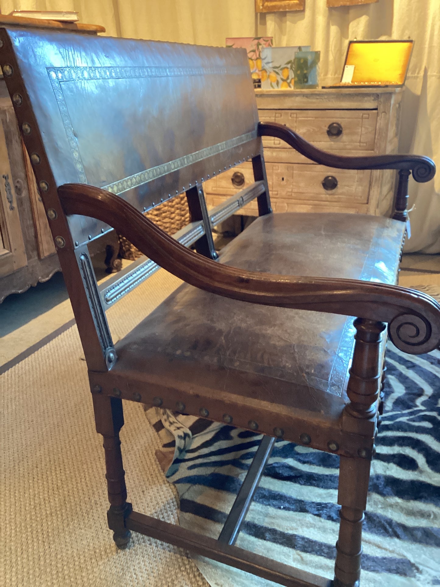 French Leather and Walnut Setee