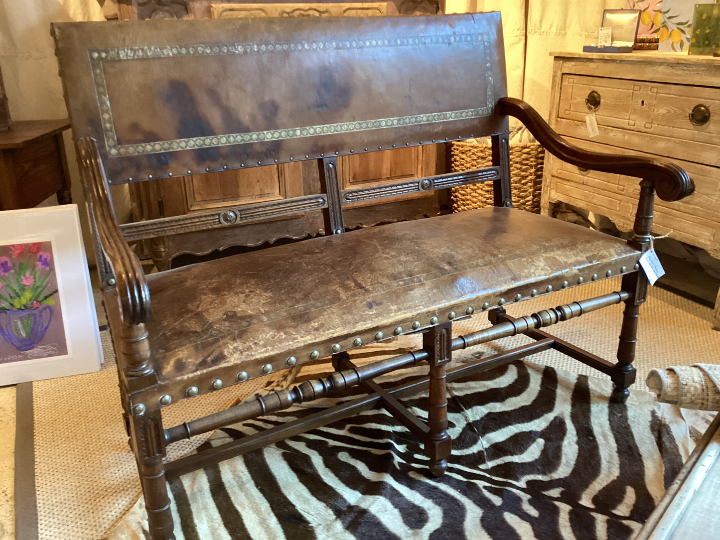 French Leather and Walnut Setee