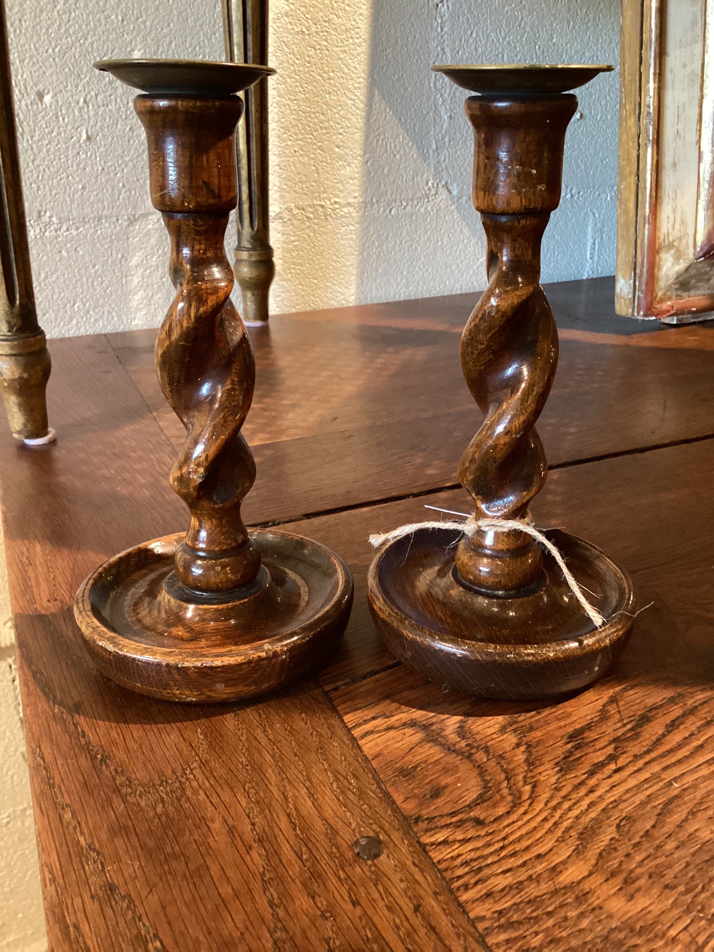 English Oak Barley Twist Candlesticks