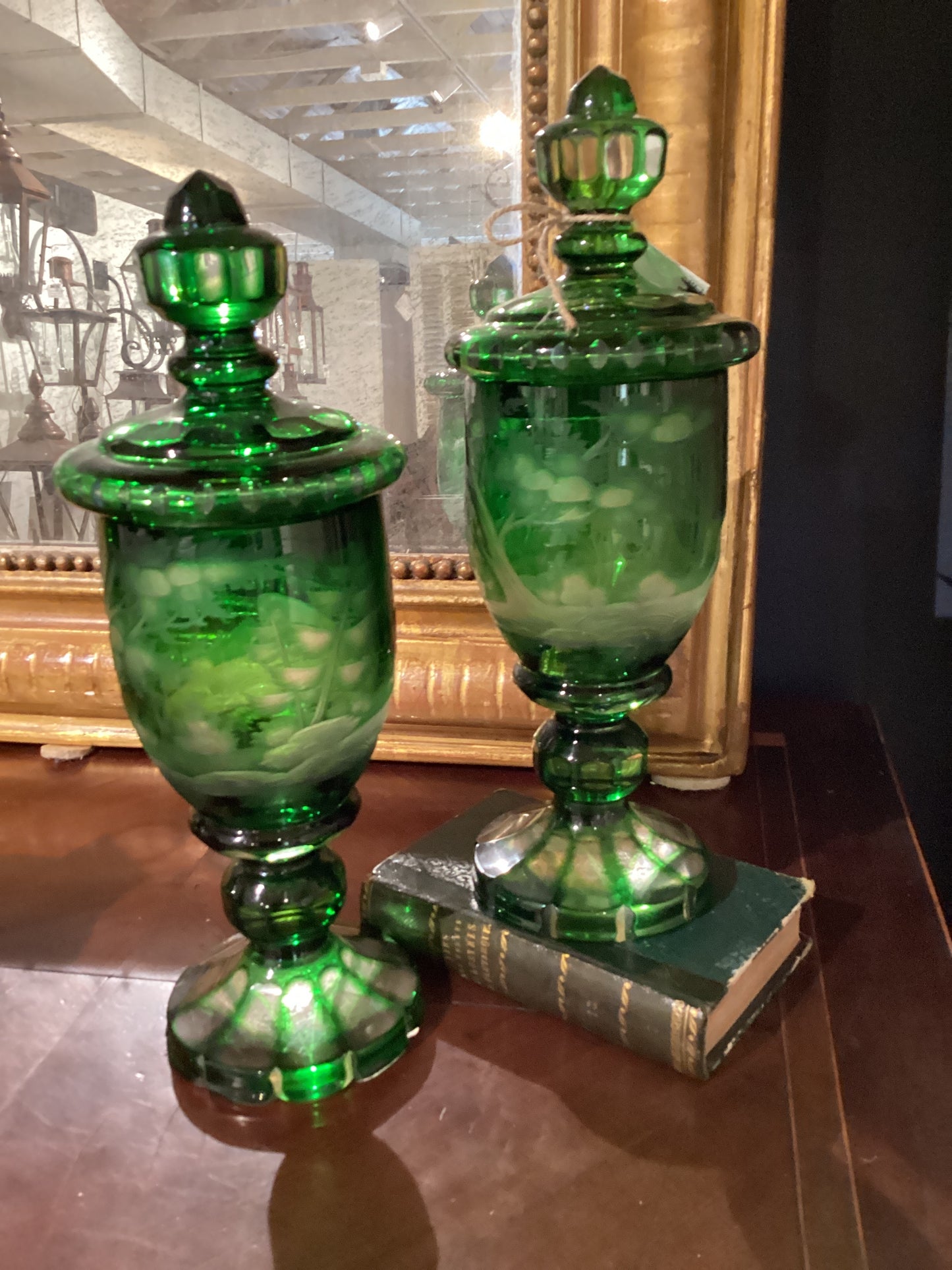 Green Cut Glass Goblets with Lids