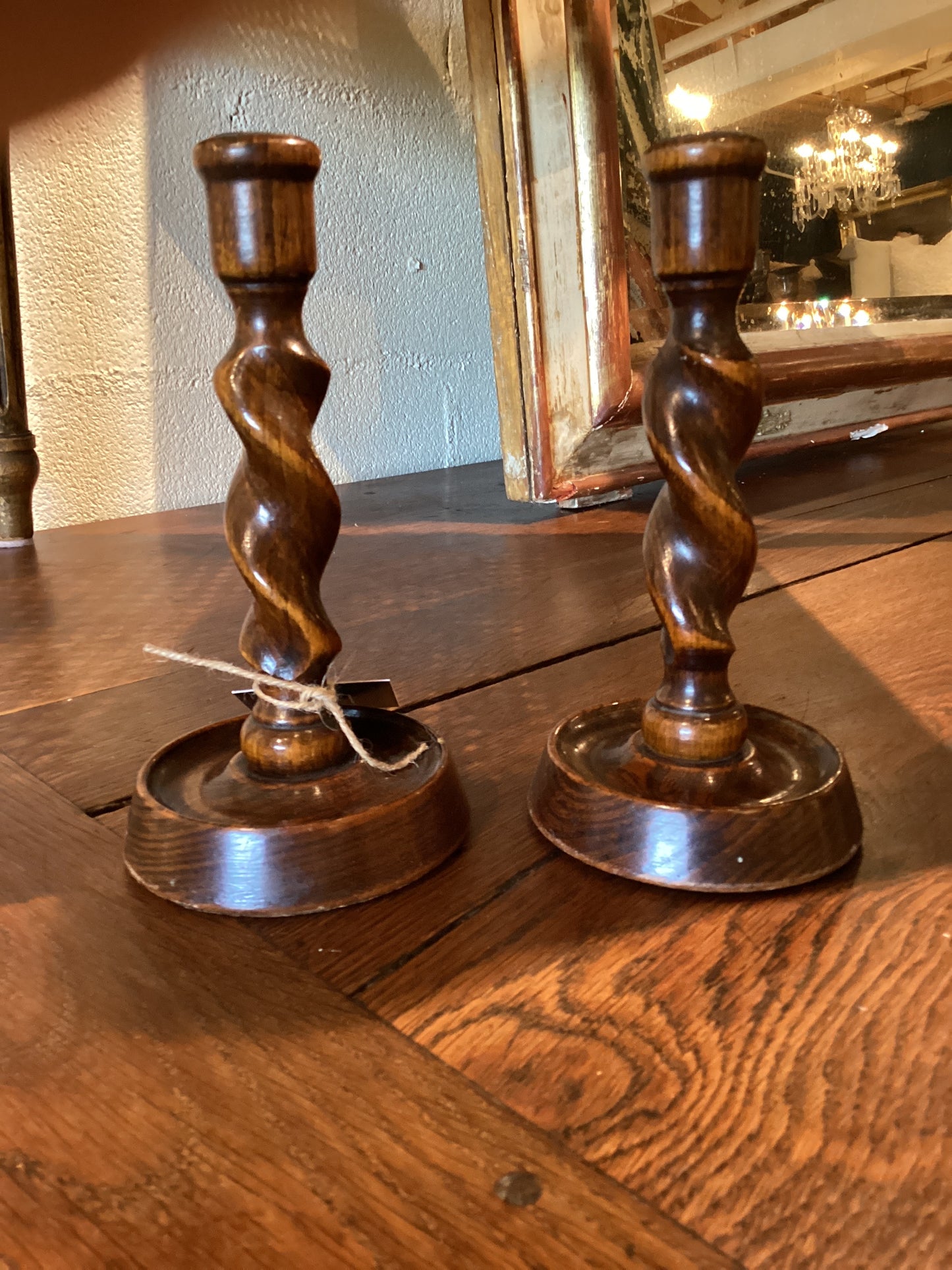 English Oak Barley Twist Candlesticks