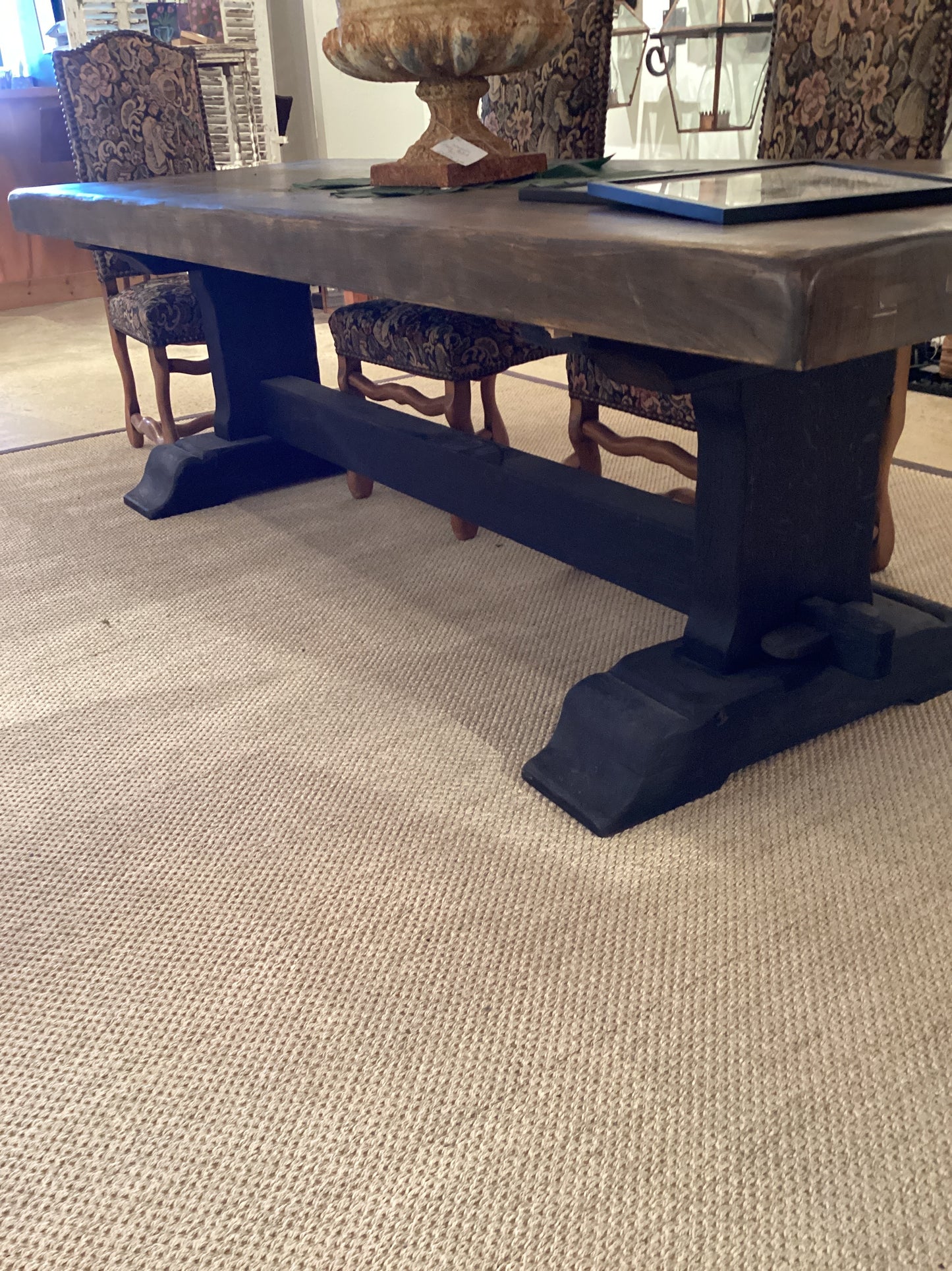 Oak Top Trestle Table w/ ebonized base