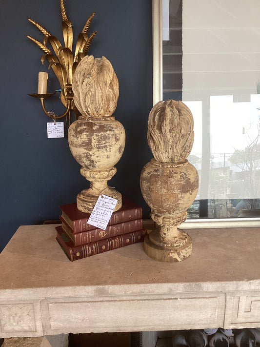 Antique Pair of French Carved Flame Finials