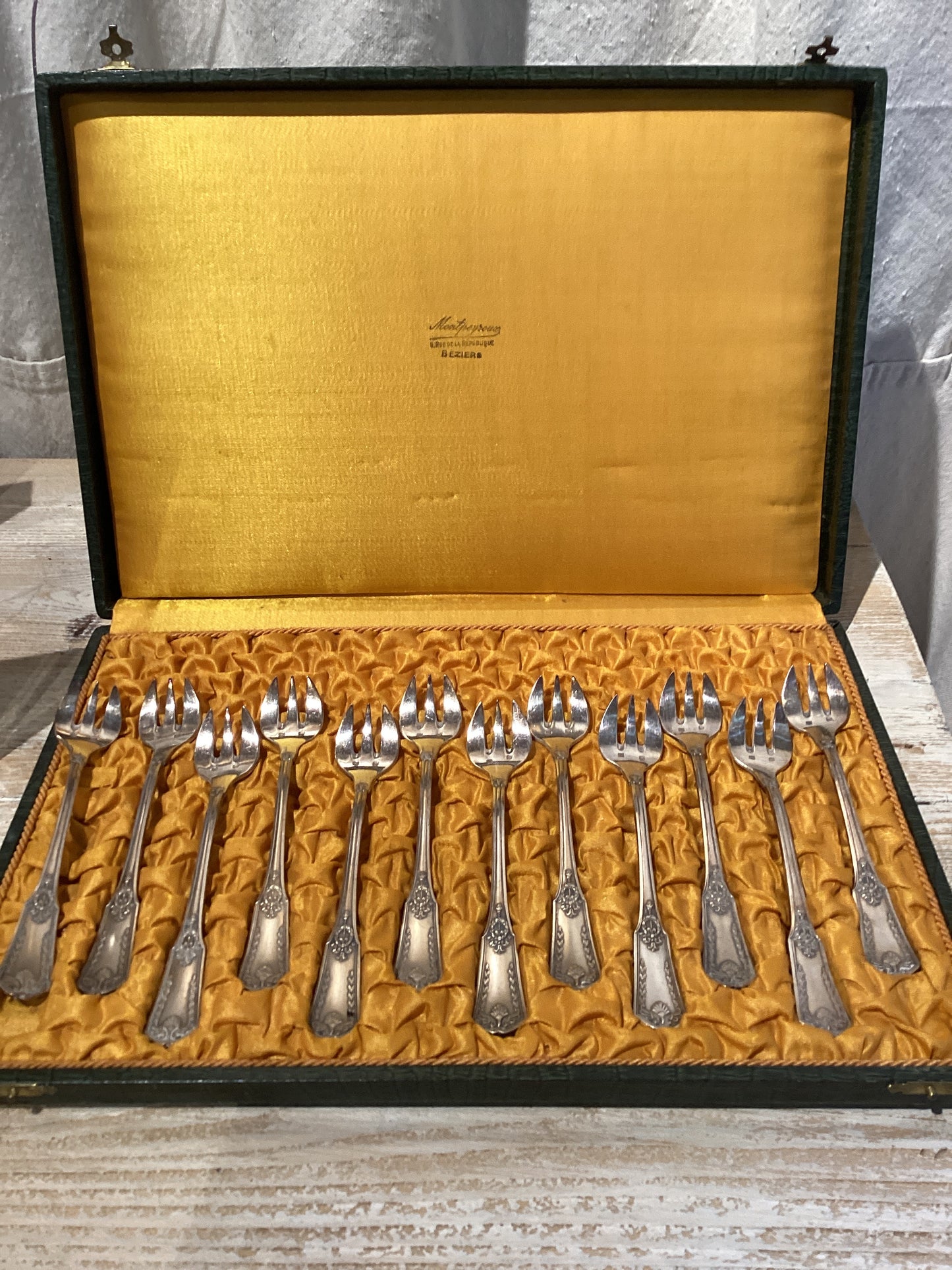 French oyster forks in fitted box