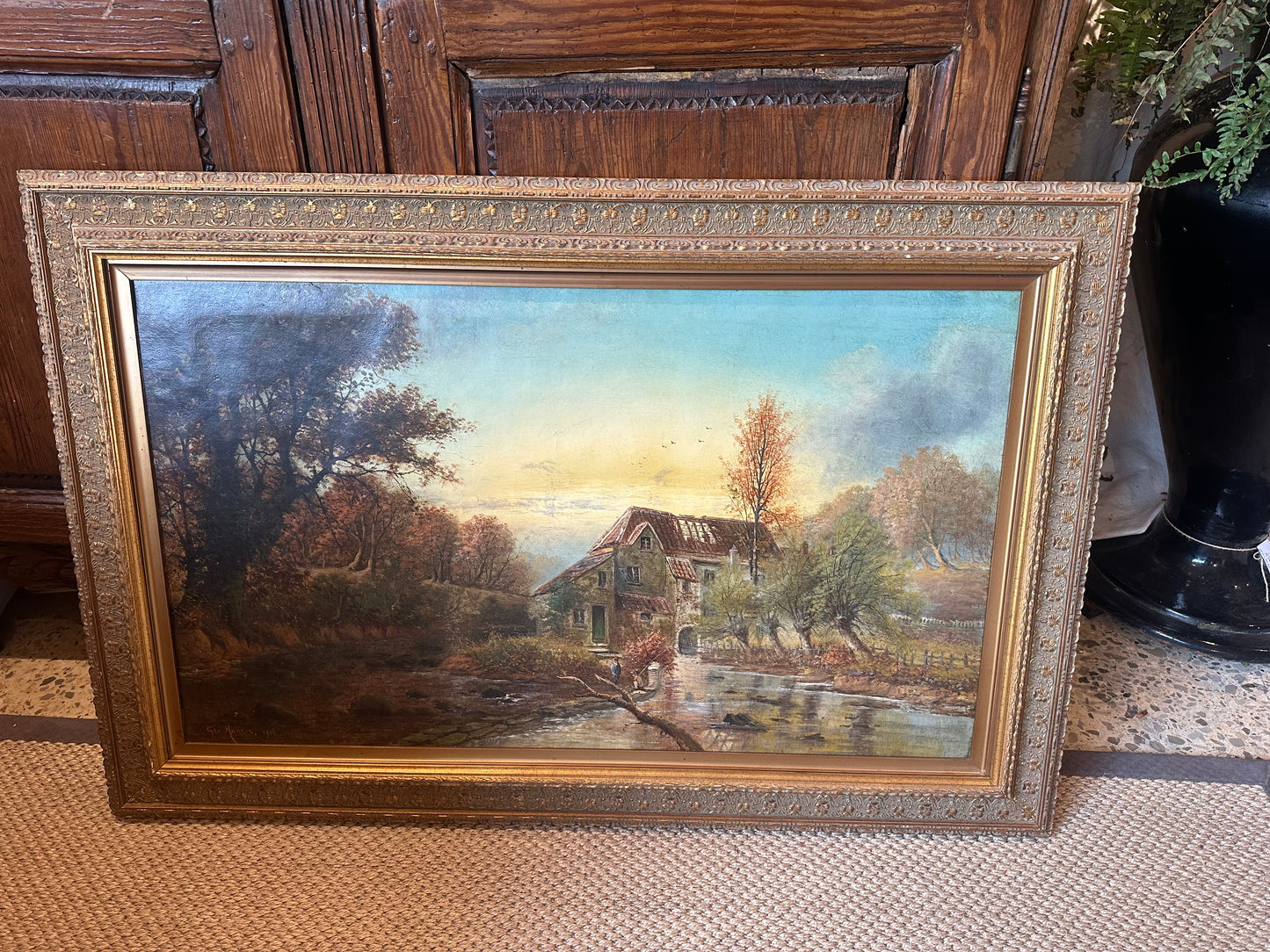 1916 George Harris British Stone Cottage by Brook with Children Fishing