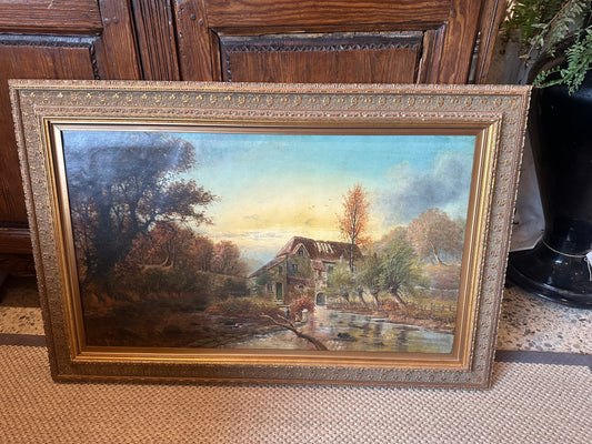 1916 George Harris British Stone Cottage by Brook with Children Fishing