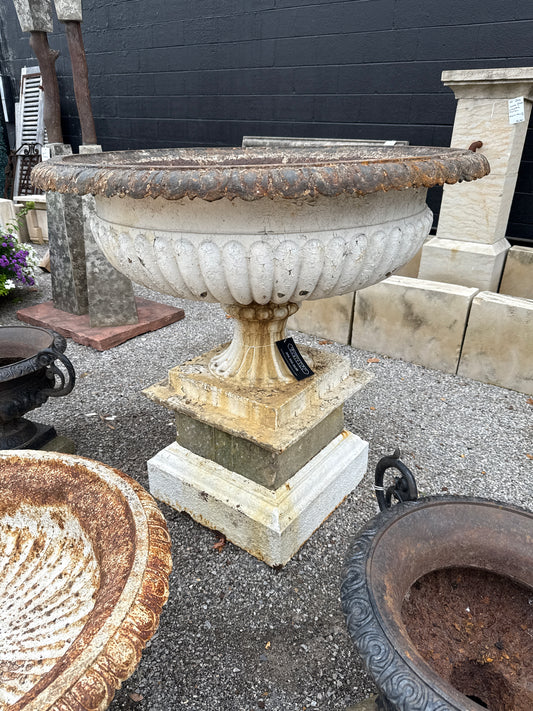 Large Cast Iron Center Urn on Stone Base
