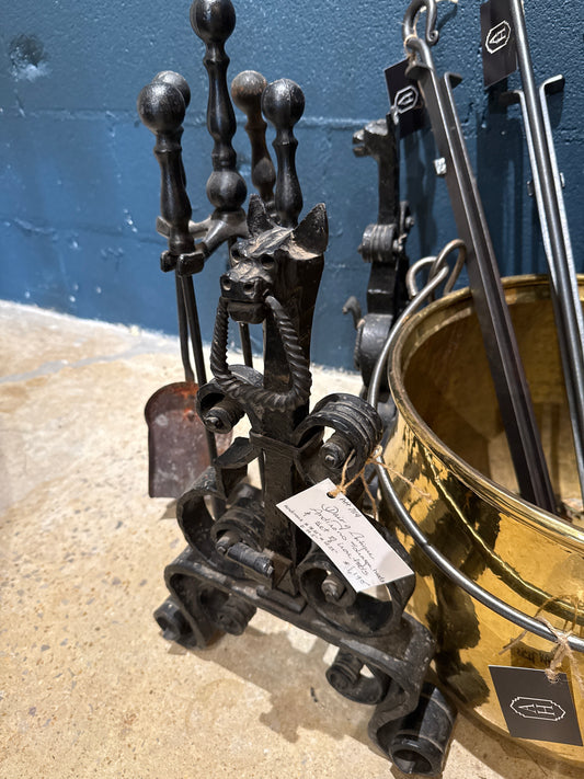 Pair of Iron Andirons with Dragon Heads and Tools