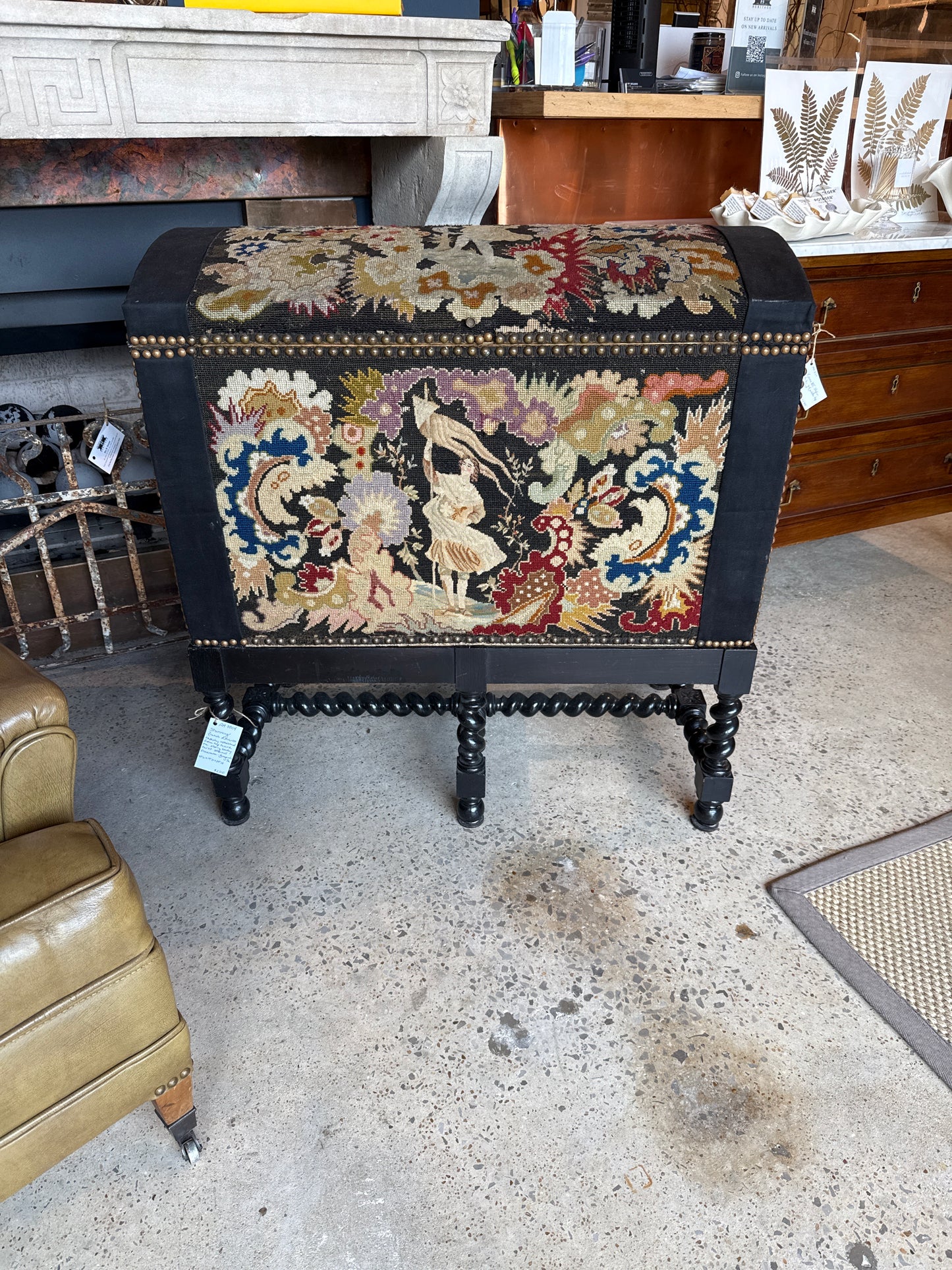 French Louis Tapestry Dome Trunk on Barley Twist Stand
