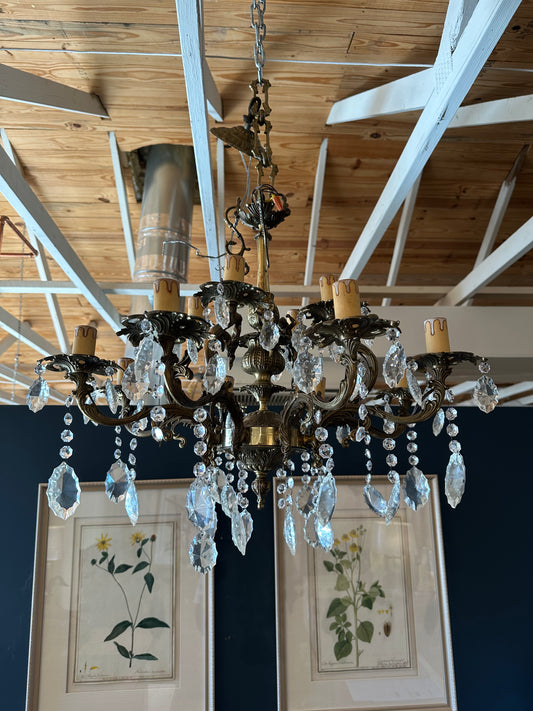 Antique Crystal and Brass Chandelier