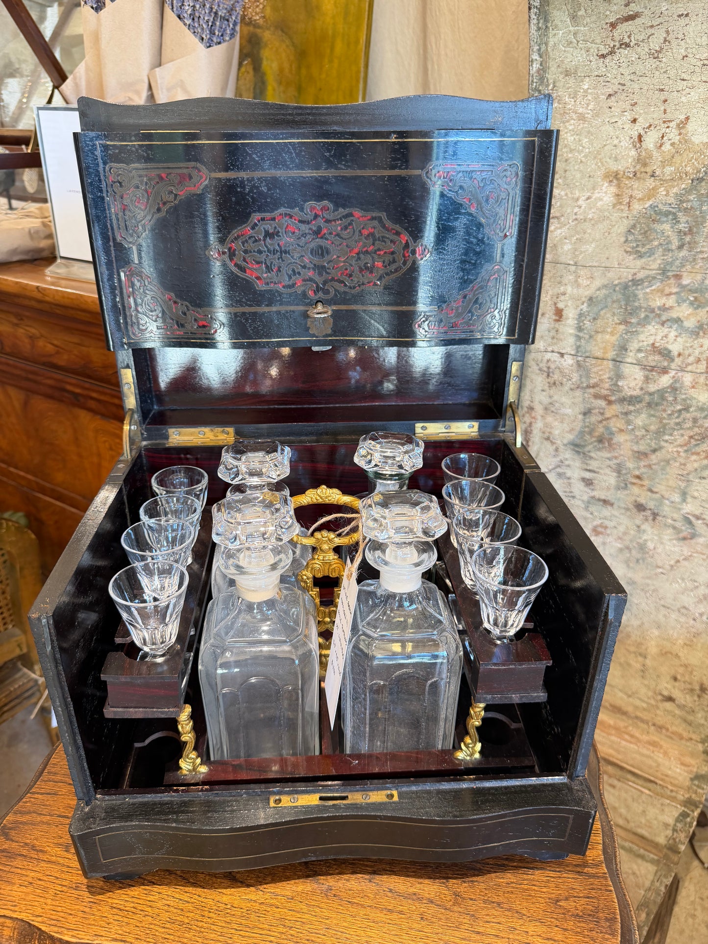 Antique French Napolean III Boulle Tantalus Set, Circa 1860